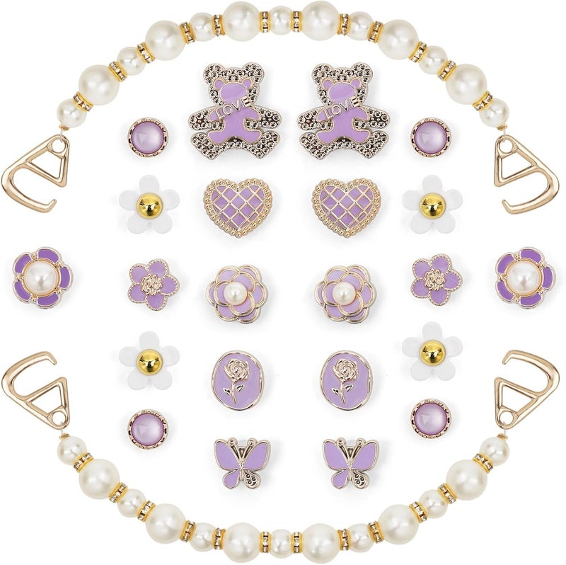 Lugailly Bling Shoe Charms for Girls and Women, Girly Gold Shoe Charms for Clog Sandals, 24 PCS Glitter Pearl Flower Shoes Decoration Bulk, Shoes Chains Pins Charm Accessories - Image 1